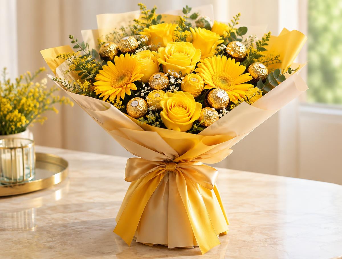 Ramo amarillo con chocolates presentado como regalo especial